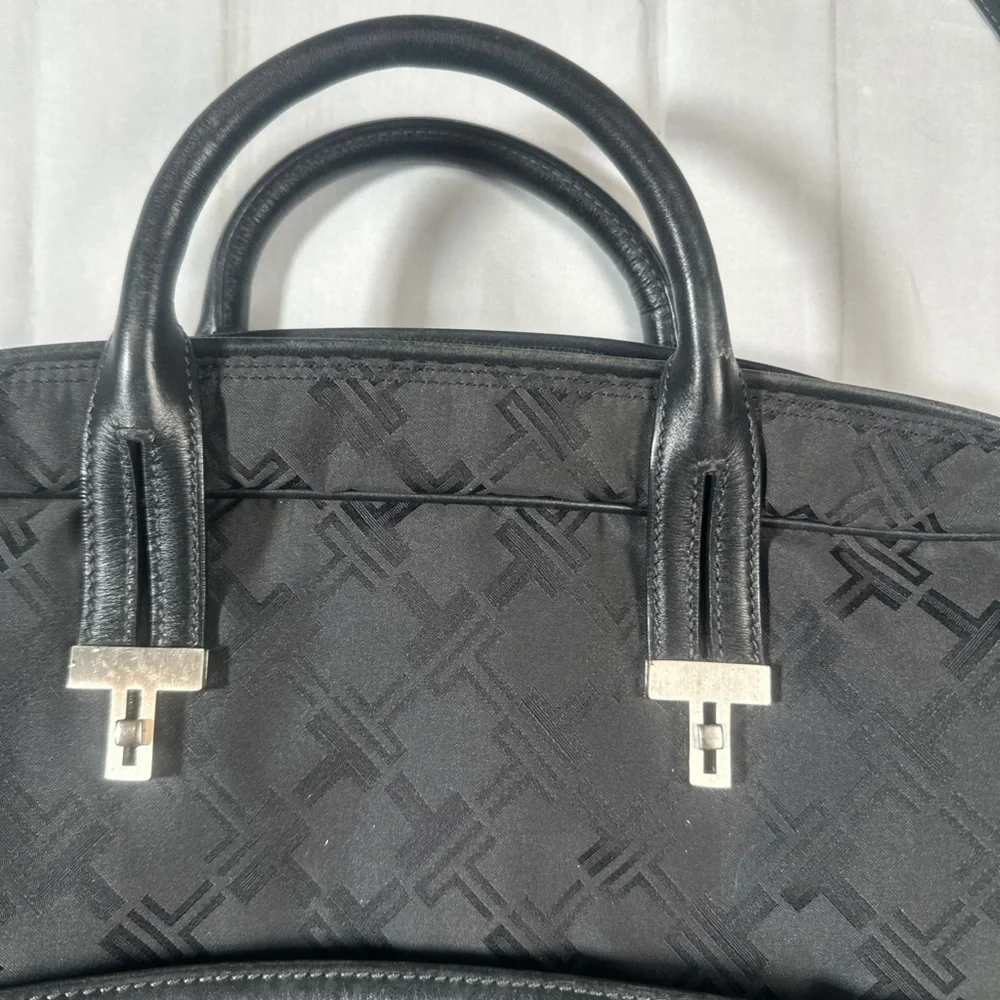 Tumi Black Monogram Laptop Briefcase With Leather Handles And Strap